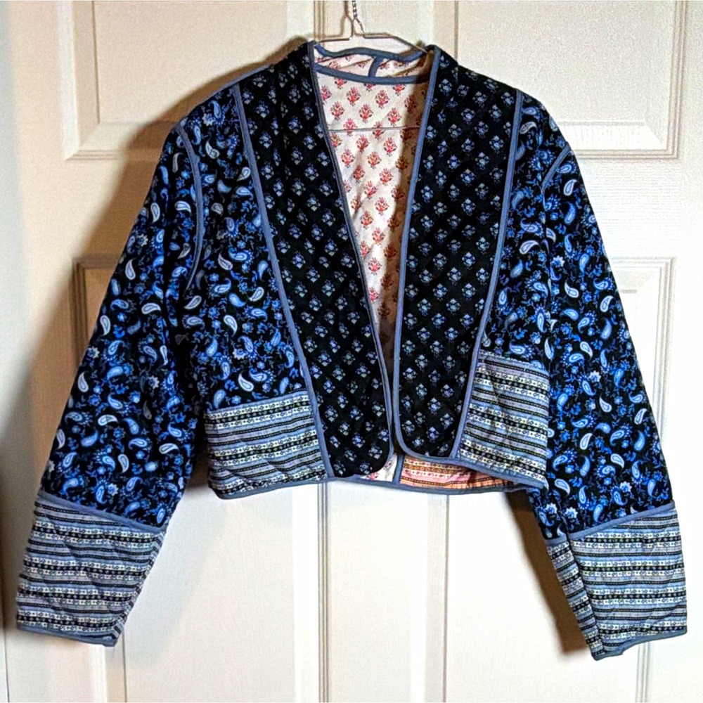 Women's Reversible Quilted Cropped Jacket Paisley Boho Open Front Multicolor